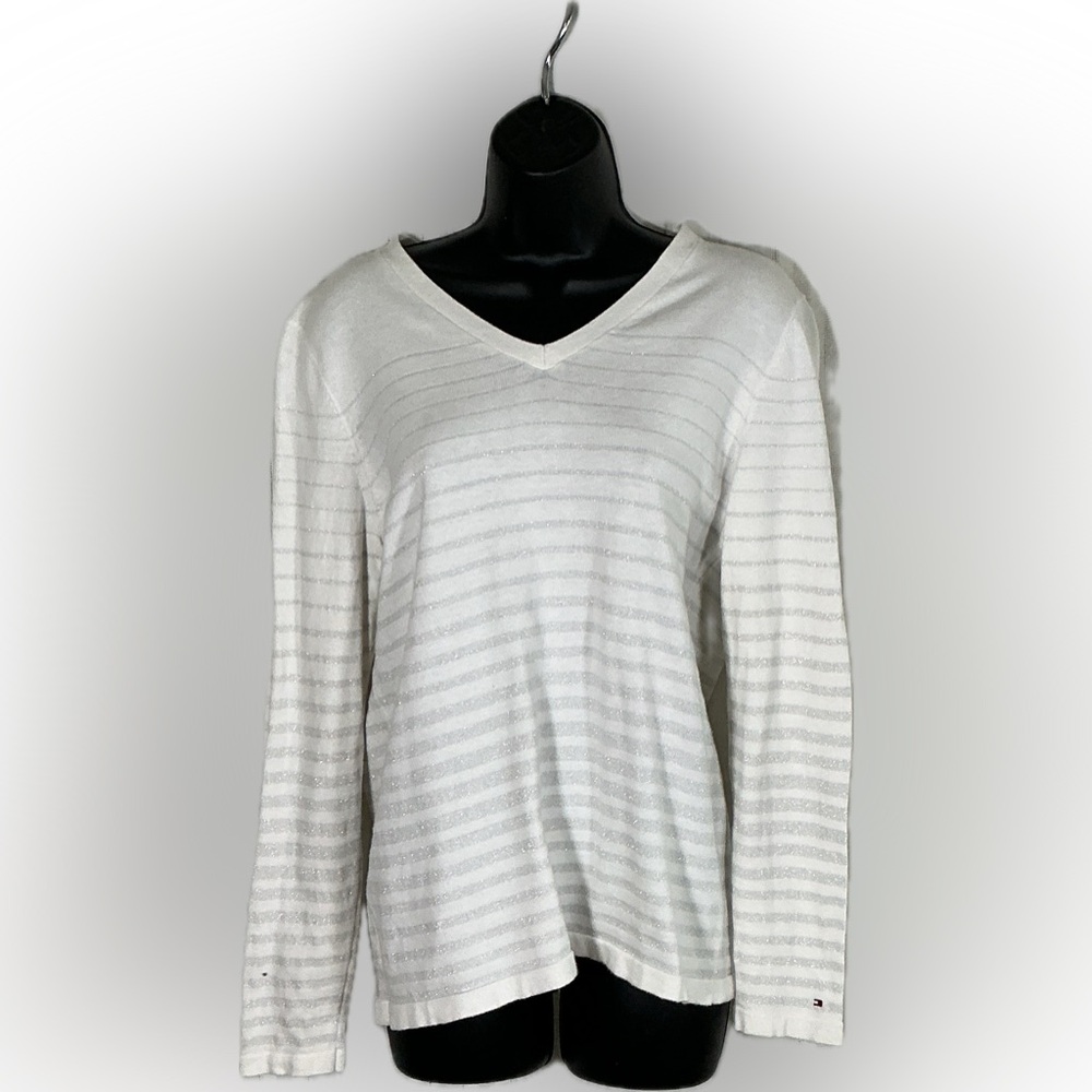 Tommy Hilfiger White Textured Stripe V-Neck Sweater Large